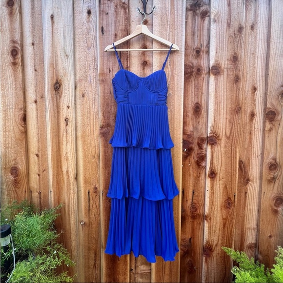 Cobalt Blue Bustier Pleated Tiered Chiffon Midi Dress 🌿 - Picture 6 of 9